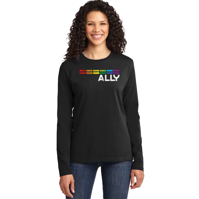 Proud Ally Bars Equality L.G.B.Tq Rainbow Flag Ladies Long Sleeve Shirt