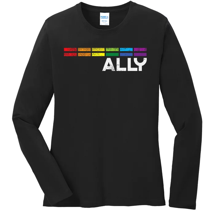 Proud Ally Bars Equality L.G.B.Tq Rainbow Flag Ladies Long Sleeve Shirt