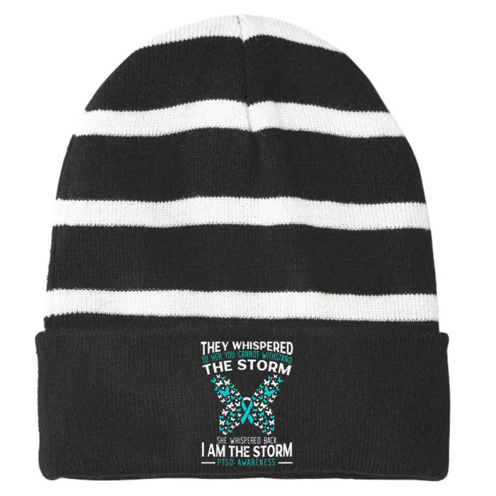 PTSD Awareness Butterfly Posttraumatic Stress Disorder Striped Beanie with Solid Band