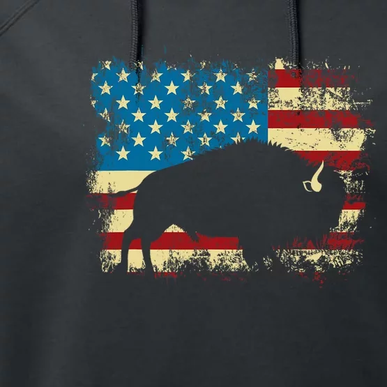 Patriotic American Bison Buffalo Lover Wildlife Usa Flag Performance Fleece Hoodie