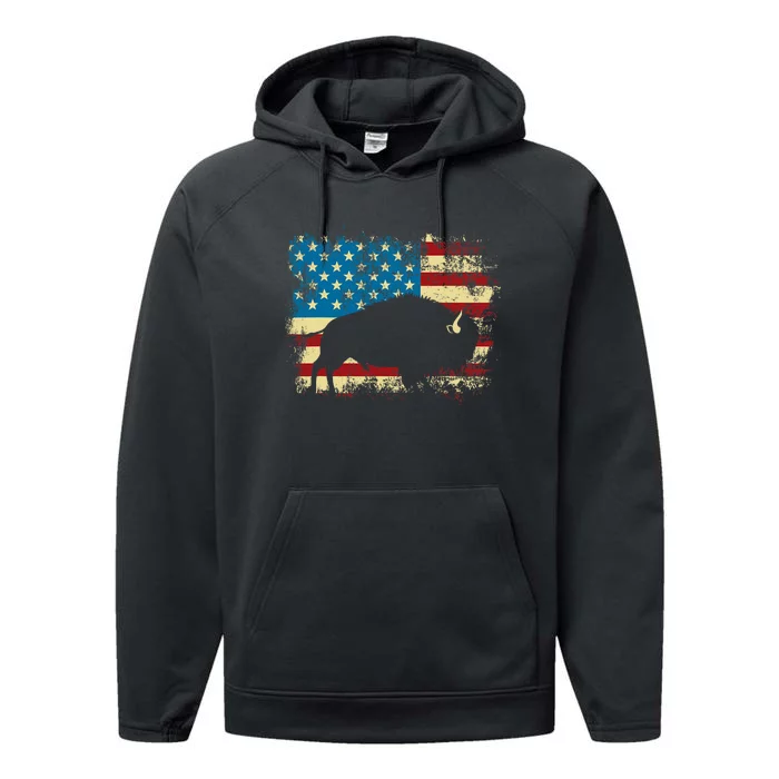 Patriotic American Bison Buffalo Lover Wildlife Usa Flag Performance Fleece Hoodie