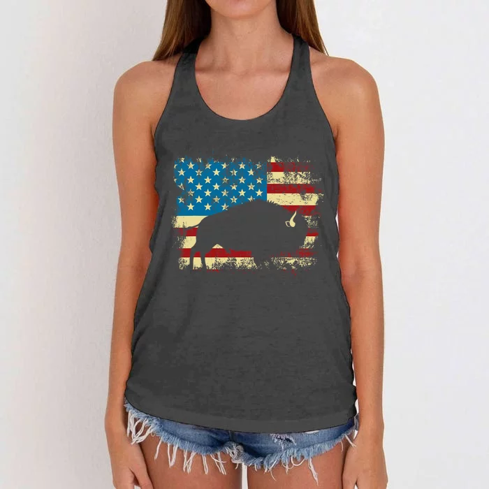 Patriotic American Bison Buffalo Lover Wildlife Usa Flag Women's Knotted Racerback Tank