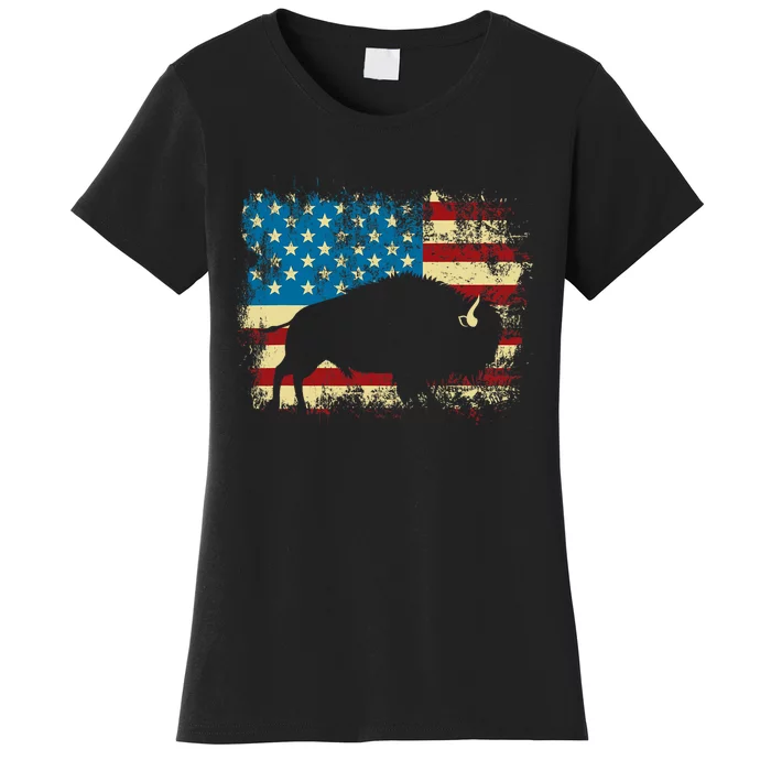 Patriotic American Bison Buffalo Lover Wildlife Usa Flag Women's T-Shirt