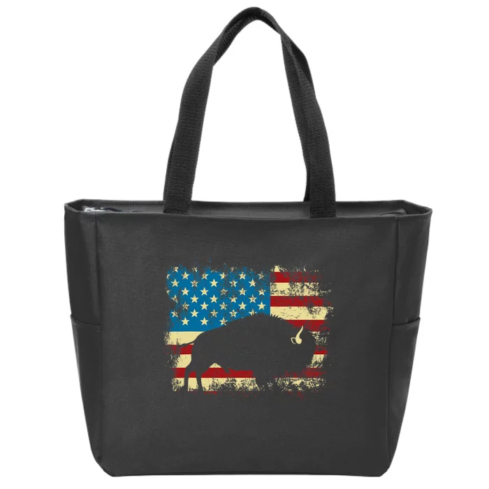 Patriotic American Bison Buffalo Lover Wildlife Usa Flag Zip Tote Bag