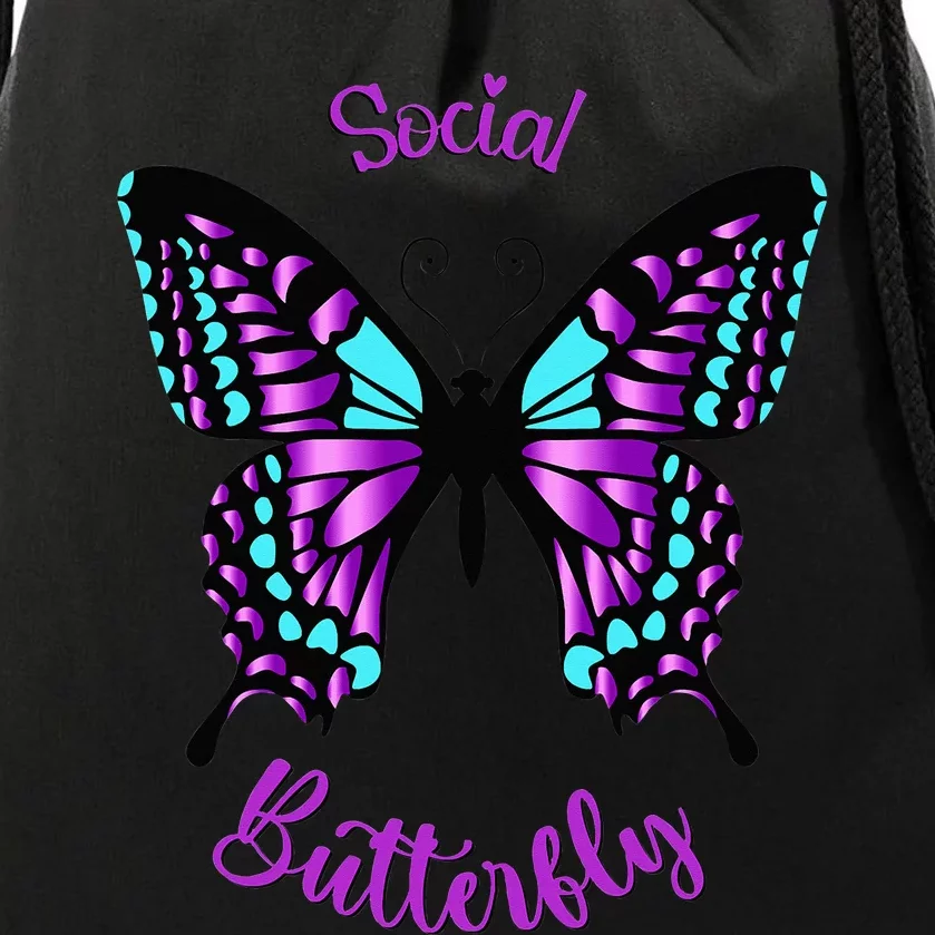 Purple and Blue Social Butterfly Drawstring Bag