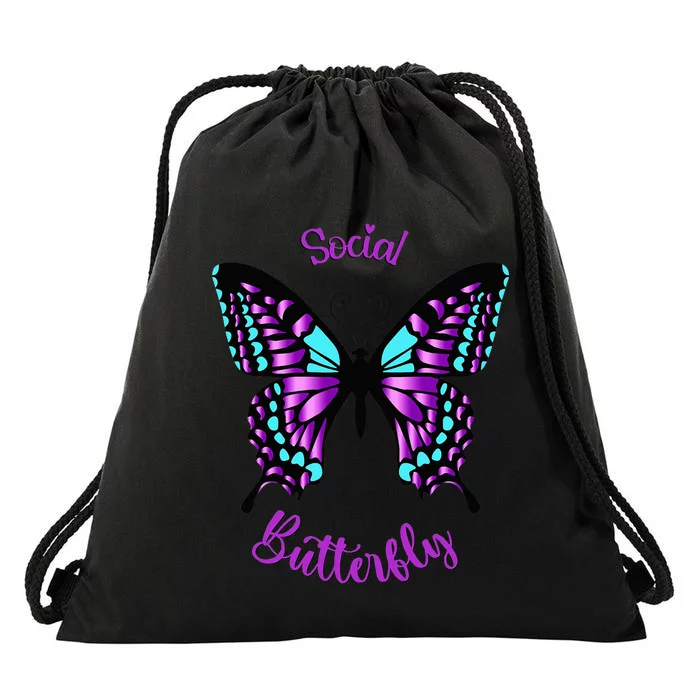 Purple and Blue Social Butterfly Drawstring Bag