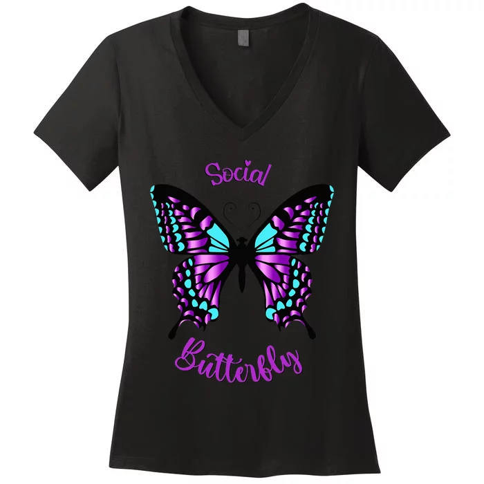 Purple and Blue Social Butterfly Women's V-Neck T-Shirt