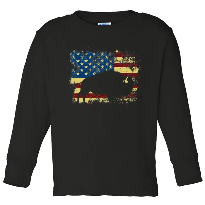 Patriotic American Bison Buffalo Lover Wildlife Usa Flag Toddler Long Sleeve Shirt