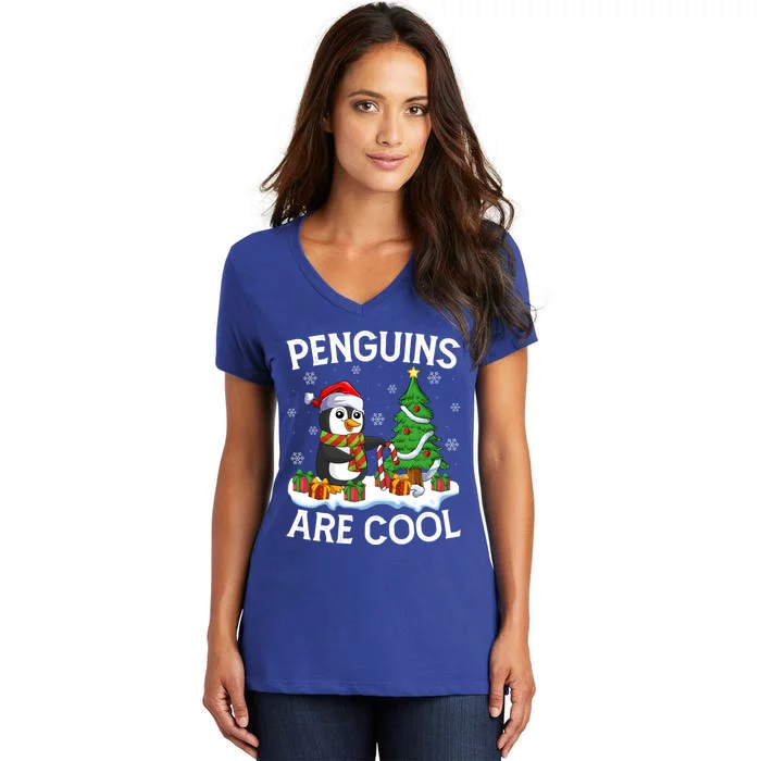 Penguins Are Cool Xmas Tree Lights Santa Penguin Christmas Gift Women's V-Neck T-Shirt