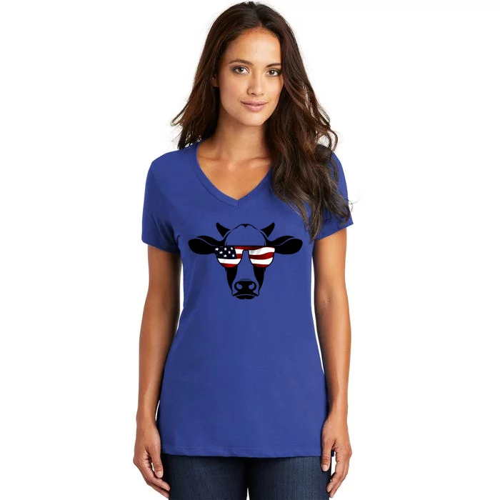 Patriotic American Cow Flag Glasses Farm Gift / Rodeo Funny Gift Women's V-Neck T-Shirt