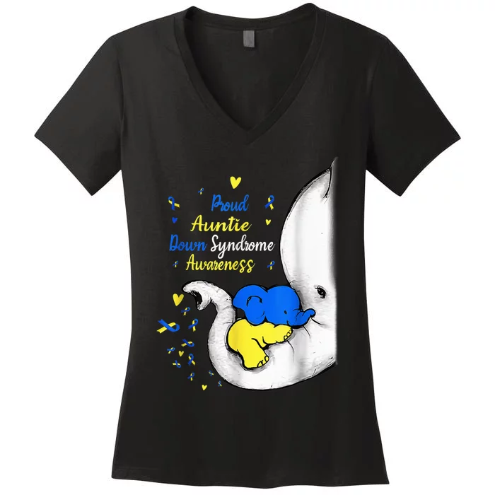 Proud Auntie Down Syndrome Awareness Day Elephant T21 Wo Women's V-Neck T-Shirt