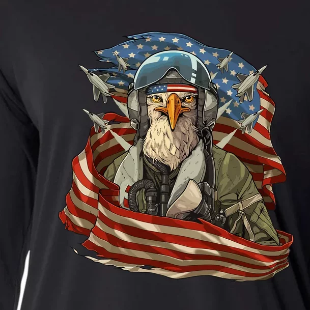 Patriotic American Eagle Fighter Pilot 4th Of July Cooling Performance Long Sleeve Crew