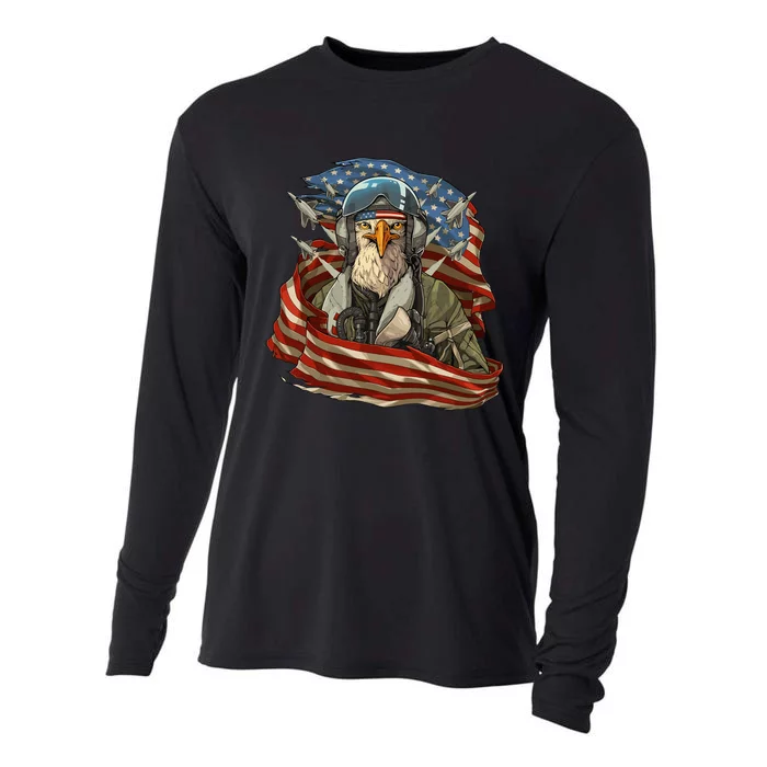 Patriotic American Eagle Fighter Pilot 4th Of July Cooling Performance Long Sleeve Crew