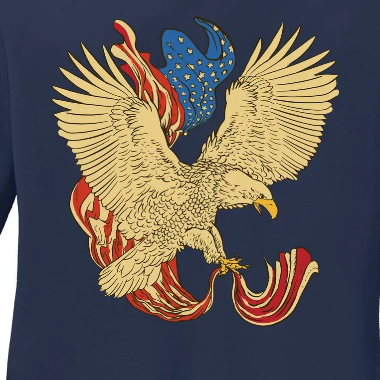 Patriotic American Eagle And United States Flag Ladies Long Sleeve Shirt