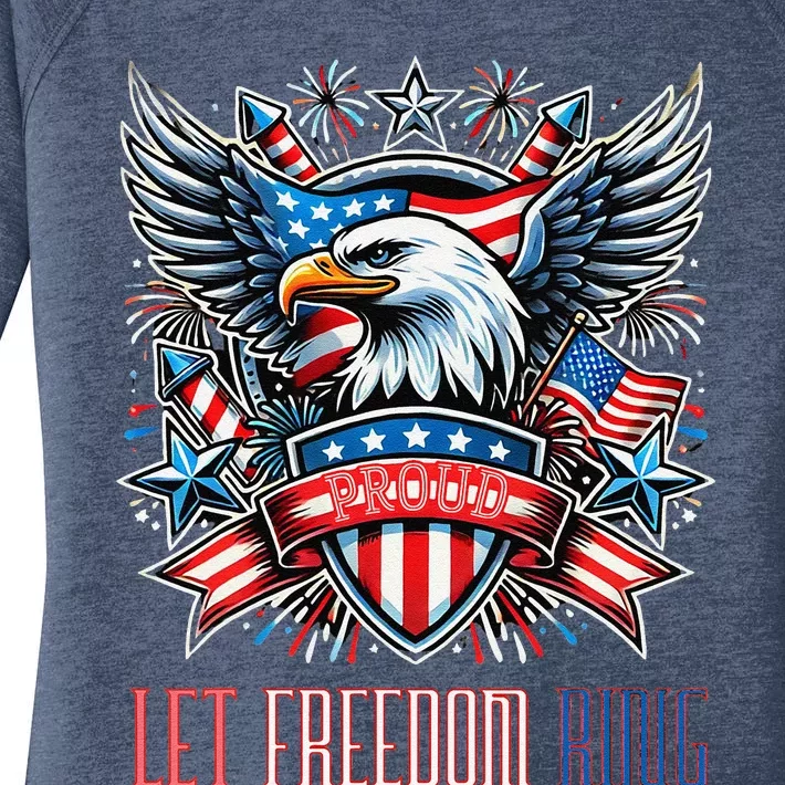 Proud American Eagle Let Freedom Ring Patriotic Design Women's Perfect Tri Tunic Long Sleeve Shirt