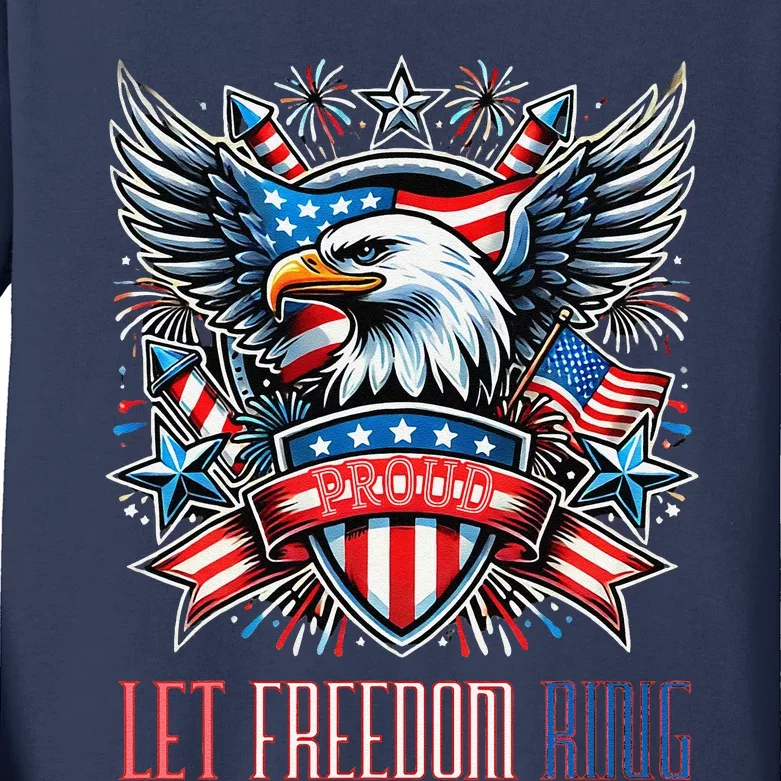 Proud American Eagle Let Freedom Ring Patriotic Design Kids Long Sleeve Shirt