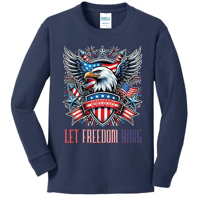 Proud American Eagle Let Freedom Ring Patriotic Design Kids Long Sleeve Shirt