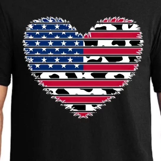 Patriotic American Flag Heart Cow Print 4th Of July Usa Gift Pajama Set