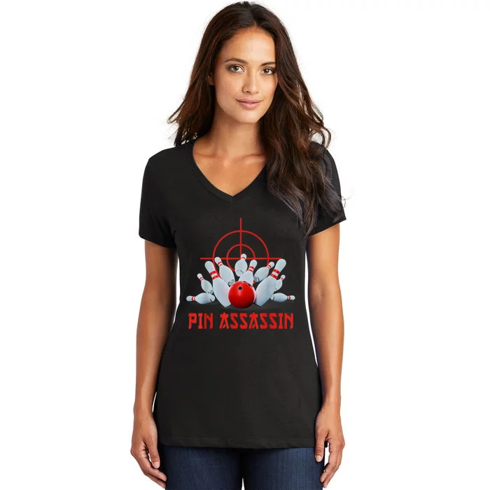 Pin Assassin Funny Bowling Women's V-Neck T-Shirt