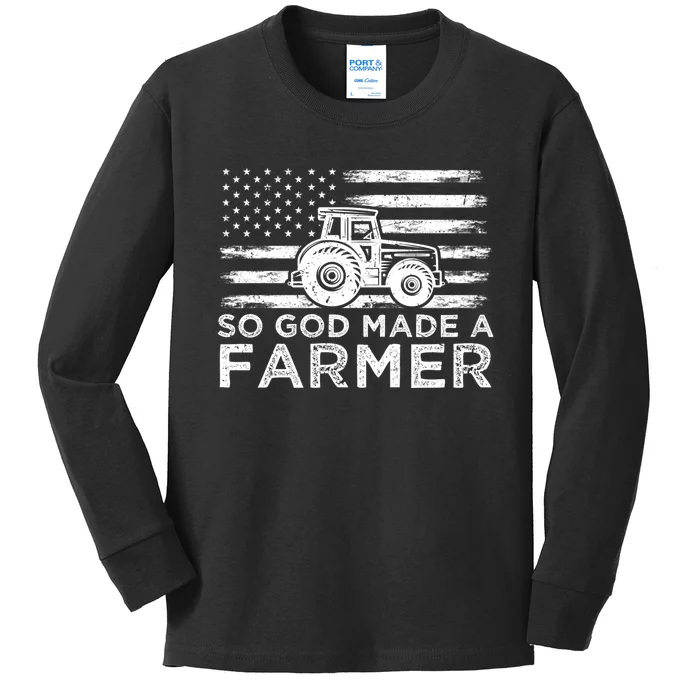 Patriotic American Flag Tractor So God Made A Farmer Gift Kids Long Sleeve Shirt