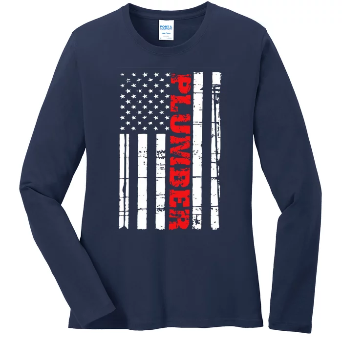 Plumber American Flag Hoodie Patriotic Plumbing USA Ladies Long Sleeve Shirt