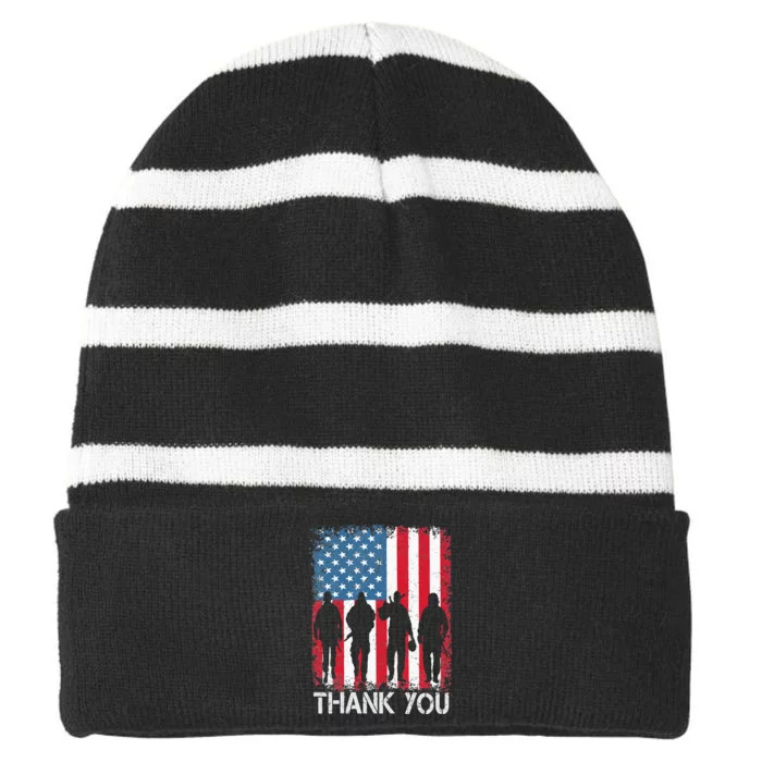 Patriotic American Flag Thank You For Men Women Kids Girl Boy Striped Beanie with Solid Band