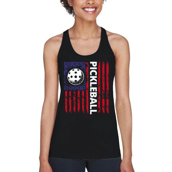 Pickleball American Flag Funny Pickleball Lover Vintage Women's Racerback Tank