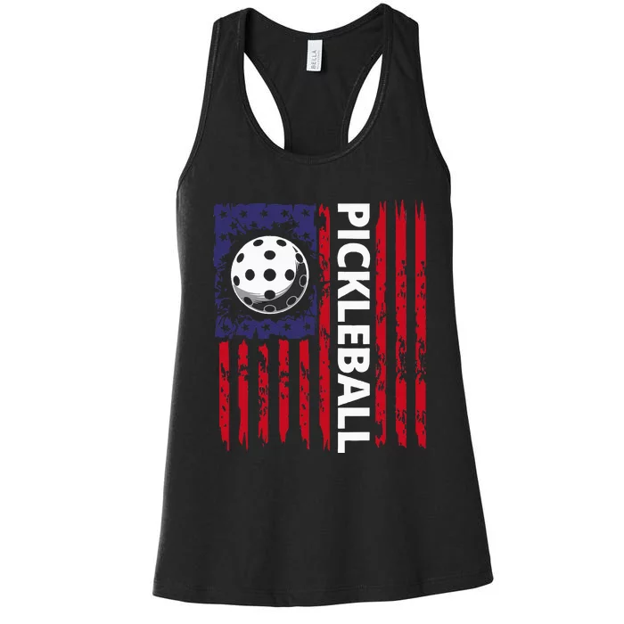 Pickleball American Flag Funny Pickleball Lover Vintage Women's Racerback Tank