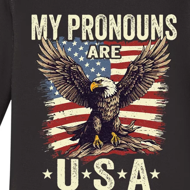 Patriotic American Flag Eagle 4th July My Pronouns Baby Long Sleeve Bodysuit