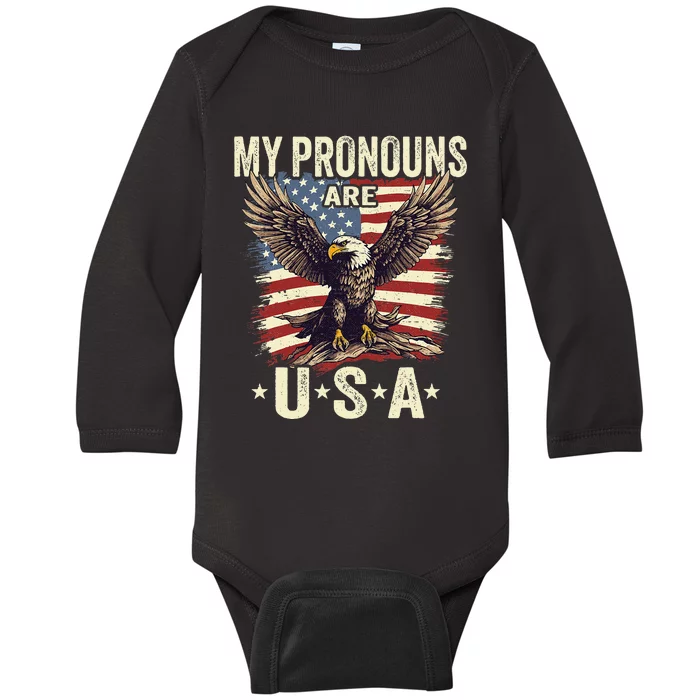 Patriotic American Flag Eagle 4th July My Pronouns Baby Long Sleeve Bodysuit