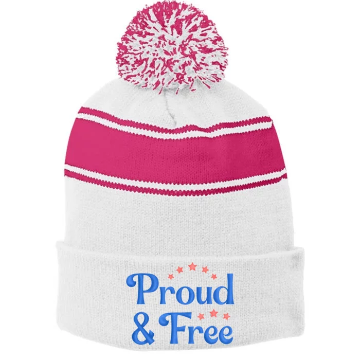 Proud And Free Usa 4th Of July Stripe Pom Pom Beanie