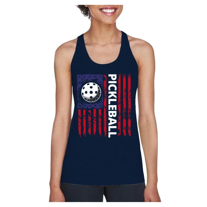 Pickleball American Flag Funny Pickleball Lover Vintage Women's Racerback Tank