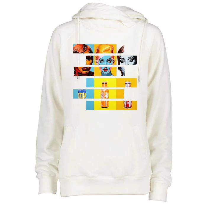 Pop Art Fusion Fragmented Faces & Soda Pop Bottles Womens Funnel Neck Pullover Hood