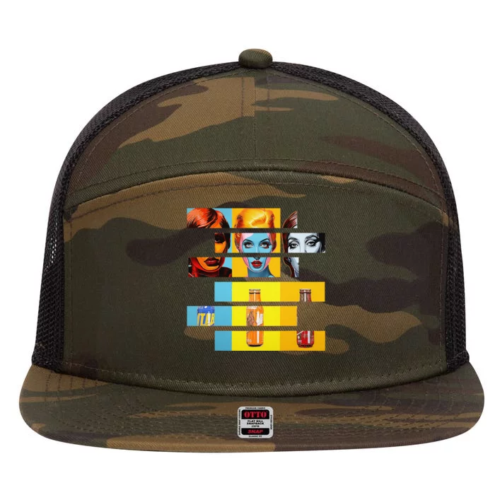 Pop Art Fusion Fragmented Faces & Soda Pop Bottles 7 Panel Mesh Trucker Snapback Hat