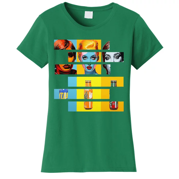 Pop Art Fusion Fragmented Faces & Soda Pop Bottles Women's T-Shirt