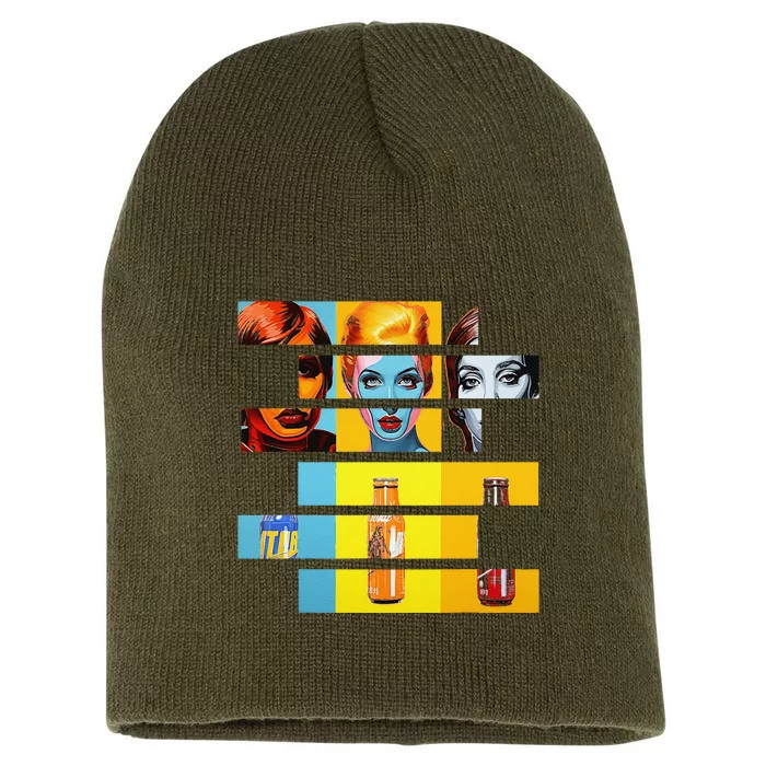 Pop Art Fusion Fragmented Faces & Soda Pop Bottles Short Acrylic Beanie