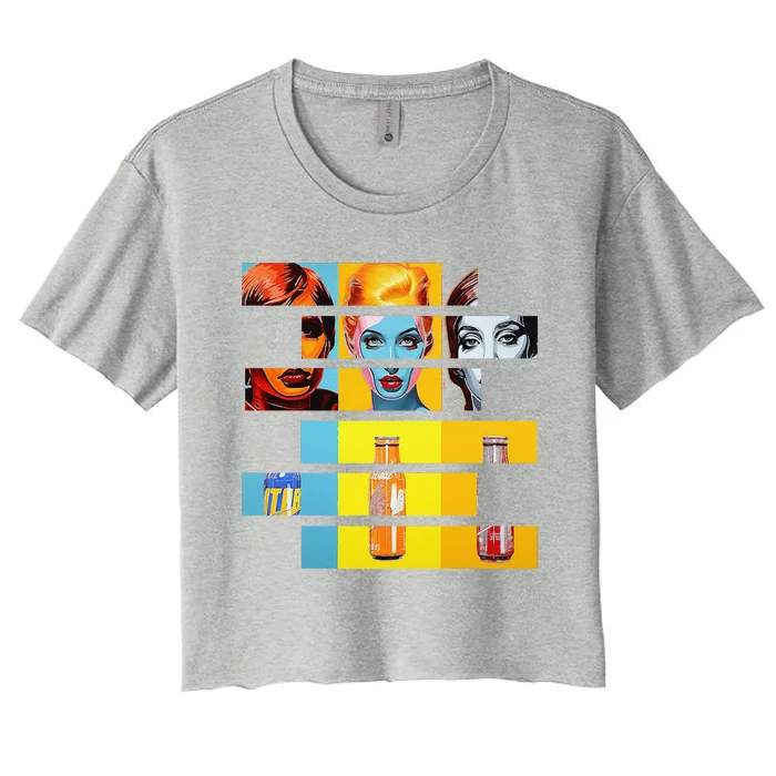 Pop Art Fusion Fragmented Faces & Soda Pop Bottles Women's Crop Top Tee