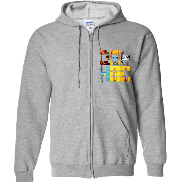 Pop Art Fusion Fragmented Faces & Soda Pop Bottles Full Zip Hoodie