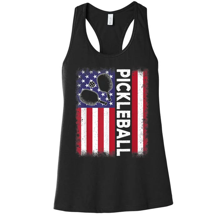 Pickleball American Flag Funny Pickleball Lover Women's Racerback Tank