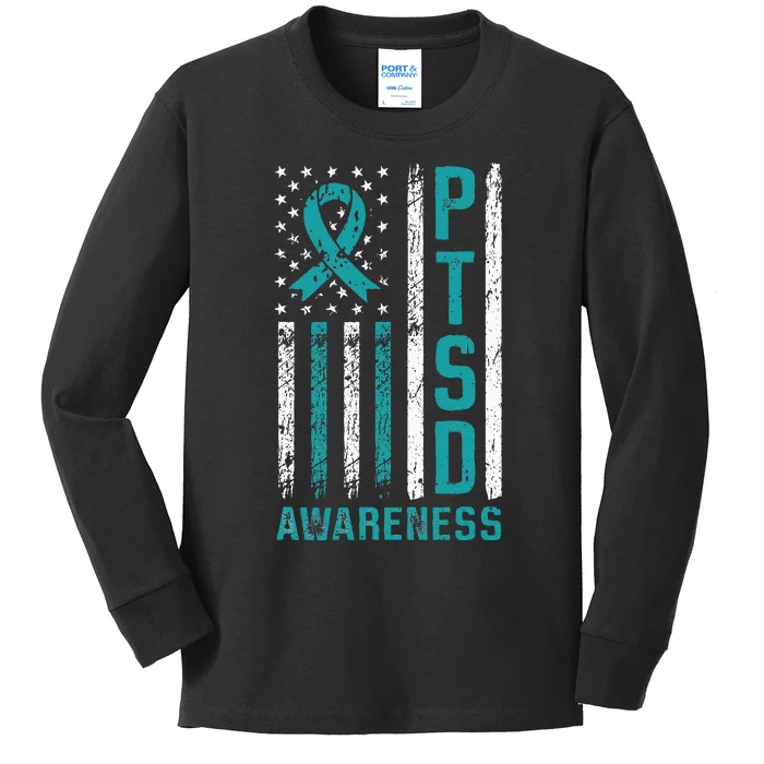 PTSD Awareness Flag Post Traumatic Stress Disorder Warrior Kids Long Sleeve Shirt