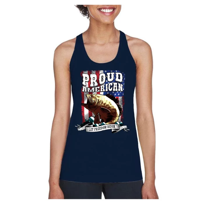 Proud American Flag Let Freedom Reign Fishing Women's Racerback Tank