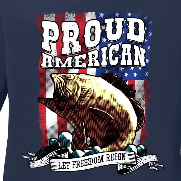 Proud American Flag Let Freedom Reign Fishing Ladies Long Sleeve Shirt