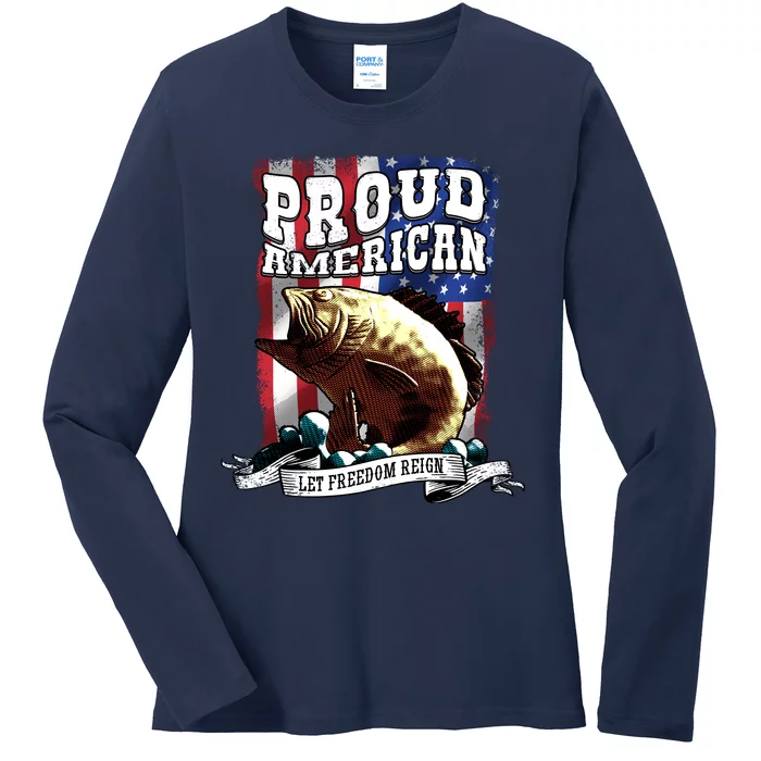 Proud American Flag Let Freedom Reign Fishing Ladies Long Sleeve Shirt