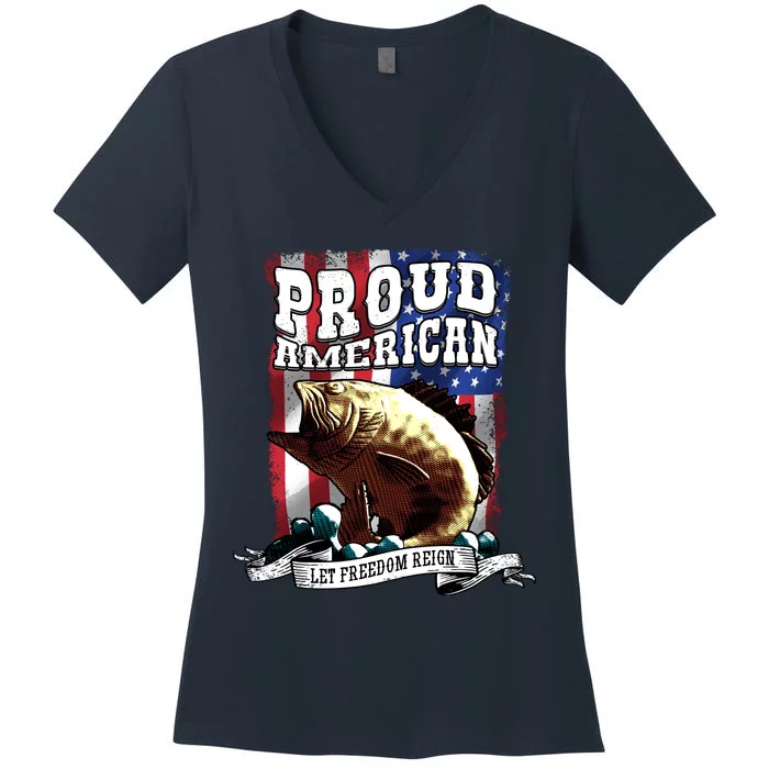 Proud American Flag Let Freedom Reign Fishing Women's V-Neck T-Shirt