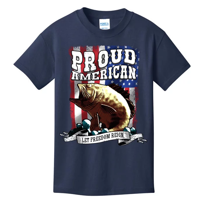 Proud American Flag Let Freedom Reign Fishing Kids T-Shirt