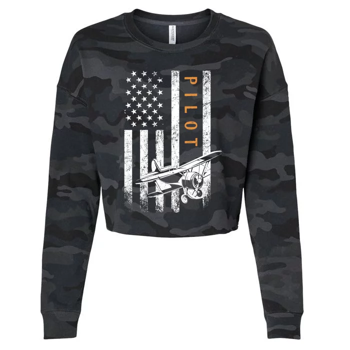 Pilot American Flag Airplane Design Aviation Cute Gift Cropped Pullover Crew