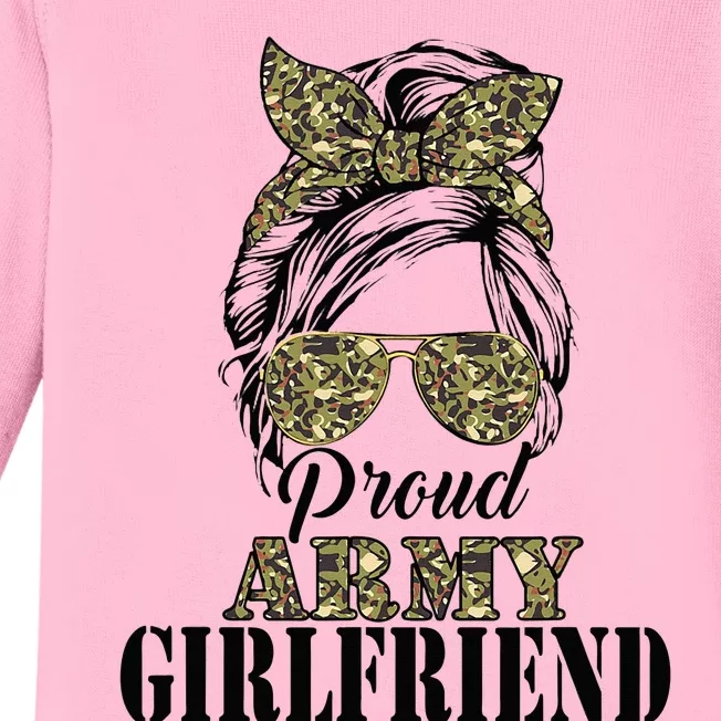 Proud Army Girlfriend Camouflage Messy Bun Soldier Mother's Baby Long Sleeve Bodysuit