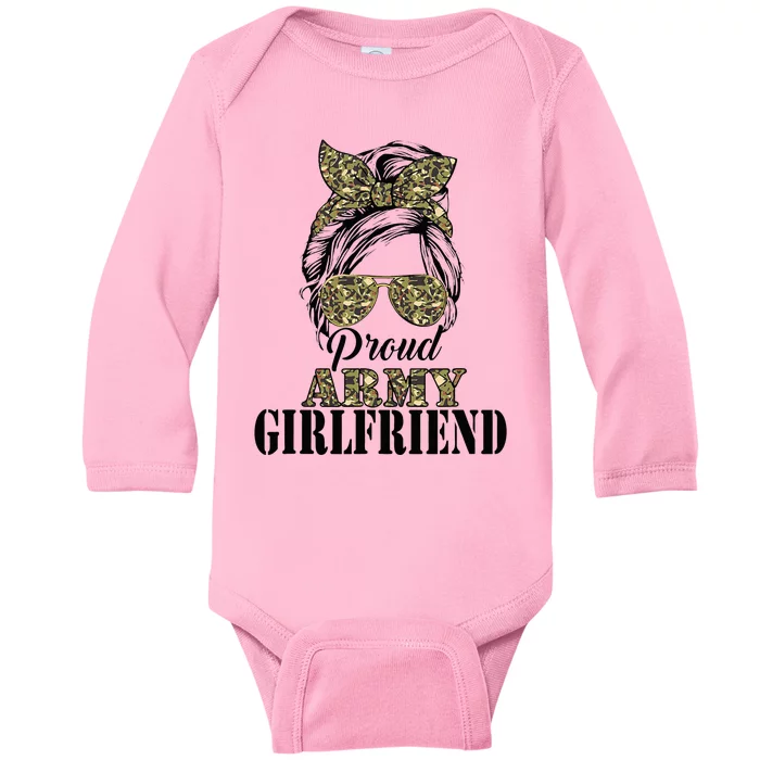 Proud Army Girlfriend Camouflage Messy Bun Soldier Mother's Baby Long Sleeve Bodysuit