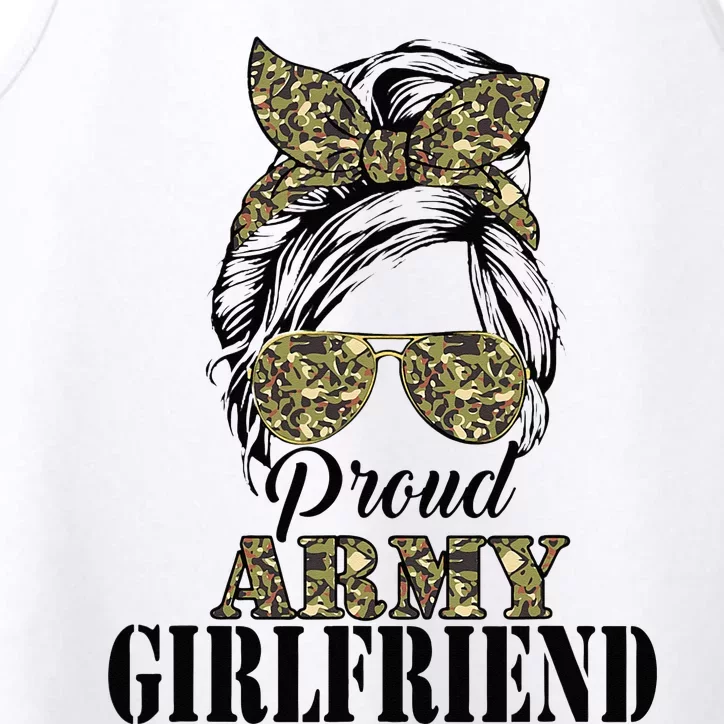 Proud Army Girlfriend Camouflage Messy Bun Soldier Mother's Performance Tank