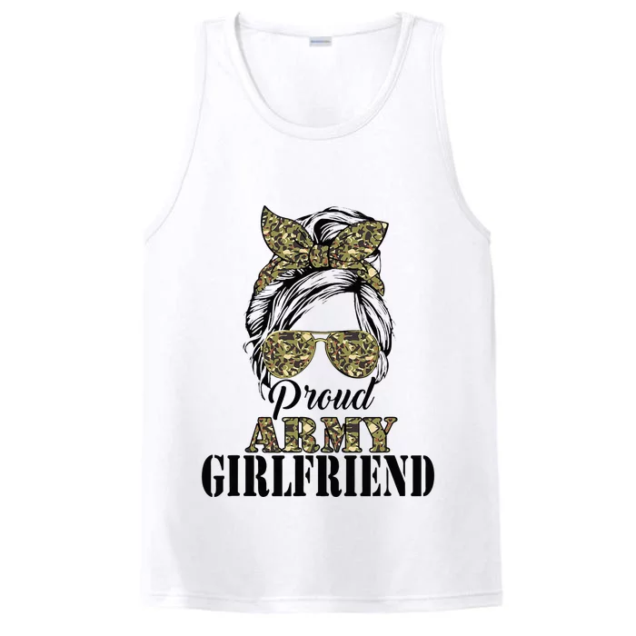 Proud Army Girlfriend Camouflage Messy Bun Soldier Mother's Performance Tank